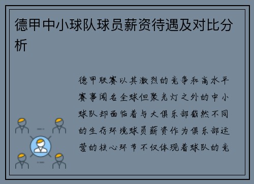 德甲中小球队球员薪资待遇及对比分析