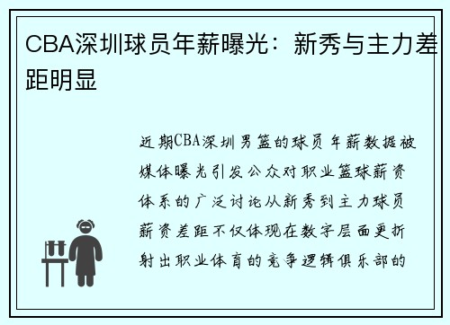 CBA深圳球员年薪曝光：新秀与主力差距明显